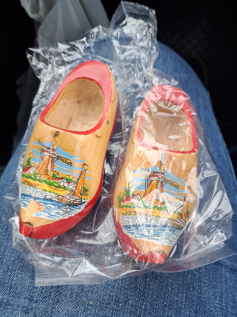 Hand-Painted Dutch Wooden Clogs with Windmill Scene - Natural & Red
